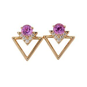 Ceylon Pink Sapphire & Diamond Earrings in  Solid 14K Yellow Gold